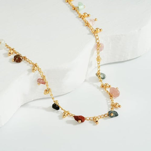 MTMY Beaded Necklaces for Women 14K Gold Plated Dainty Colorful Green/Rose Beaded Pearl Choker Necklace Delicate Boho Choker Necklace Jewelry Gift