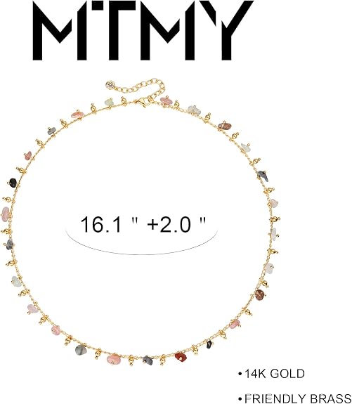 MTMY Beaded Necklaces for Women 14K Gold Plated Dainty Colorful Green/Rose Beaded Pearl Choker Necklace Delicate Boho Choker Necklace Jewelry Gift