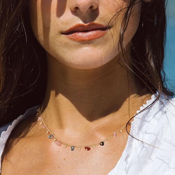 MTMY Beaded Necklaces for Women 14K Gold Plated Dainty Colorful Green/Rose Beaded Pearl Choker Necklace Delicate Boho Choker Necklace Jewelry Gift